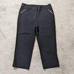 FIRST OPTION, Black Mid-Rise Zip Stretch Capris; Silver Accents; Size 8